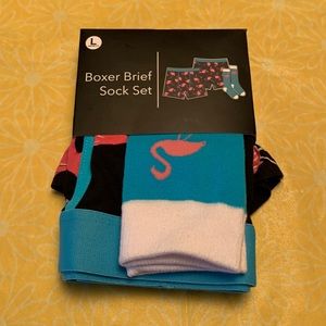 Mad Engine men’s boxer brief & sock set size L. NWT. Black with pink flamingos.
